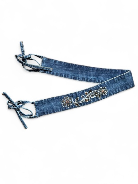 Accessories - Denim Blue Floral Embroidered Tie Belt